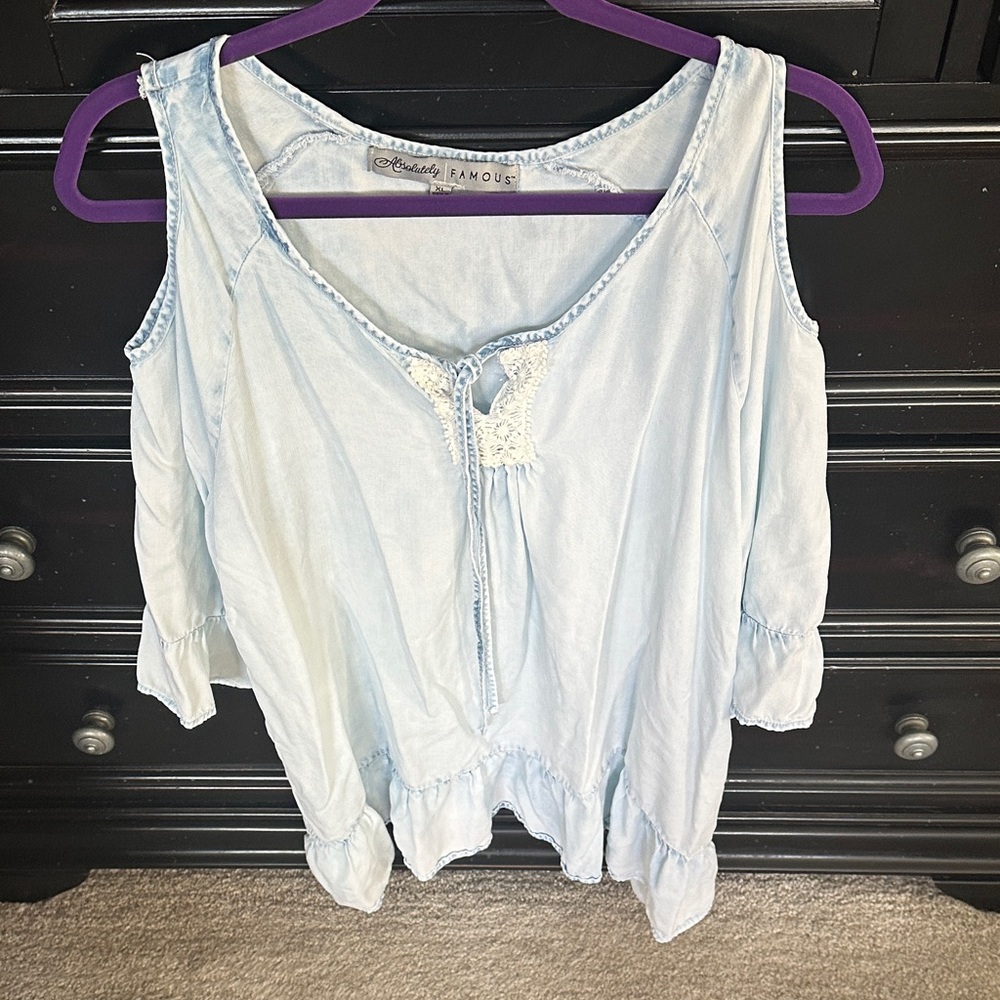 Absolutely Famous Sky Blue Cold Shoulder Blouse